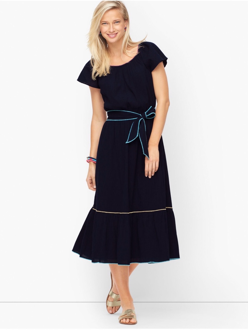 Talbots Navy Crinkled Gauze Midi Dress 100% Cotton Tie Waist Cottagecore NWT L